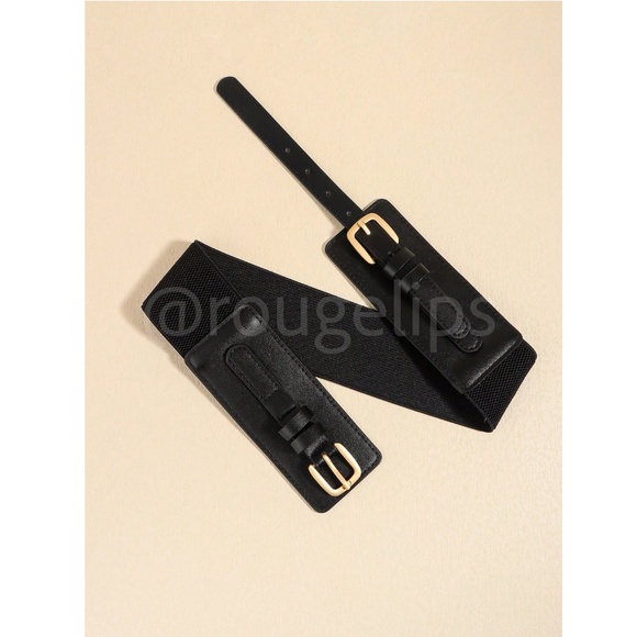 Vegan Faux Leather PU Black Belt Stretchy Back Yellow Gold Tone Buckle - Picture 5 of 9